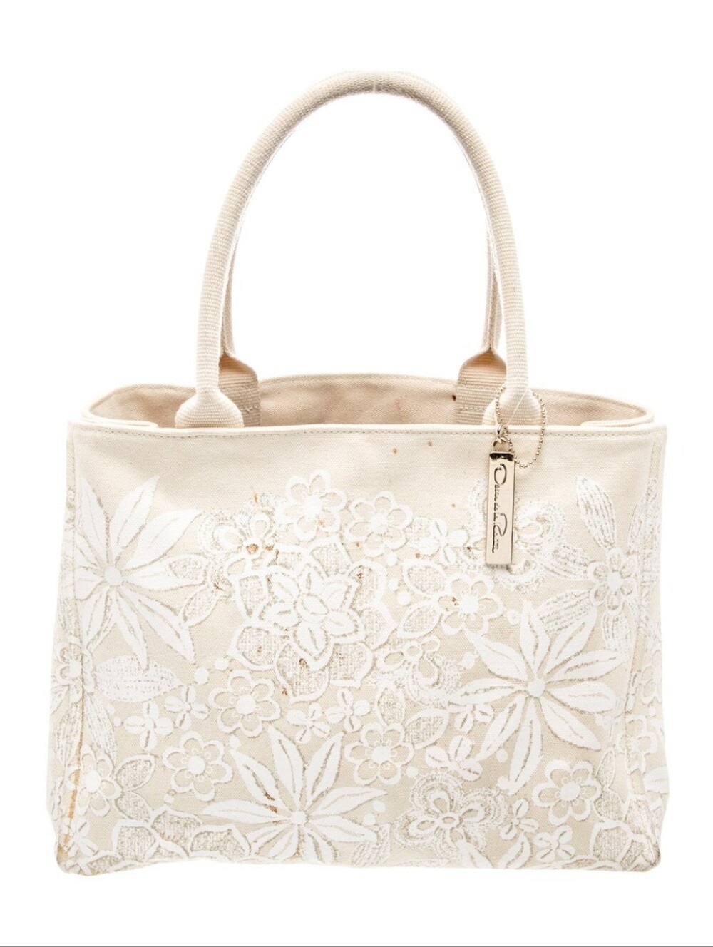Oscar De La Renta/Neiman Marcus Beige Floral Canvas Embroidered Tote Bag - Picture 10 of 13